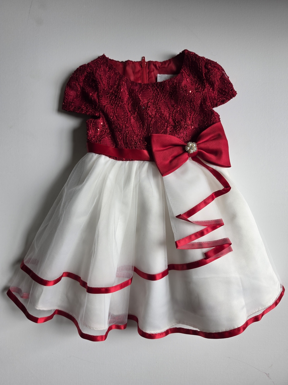 Rare Editions Red and White Lace Bodice Tulle Skirt Dress